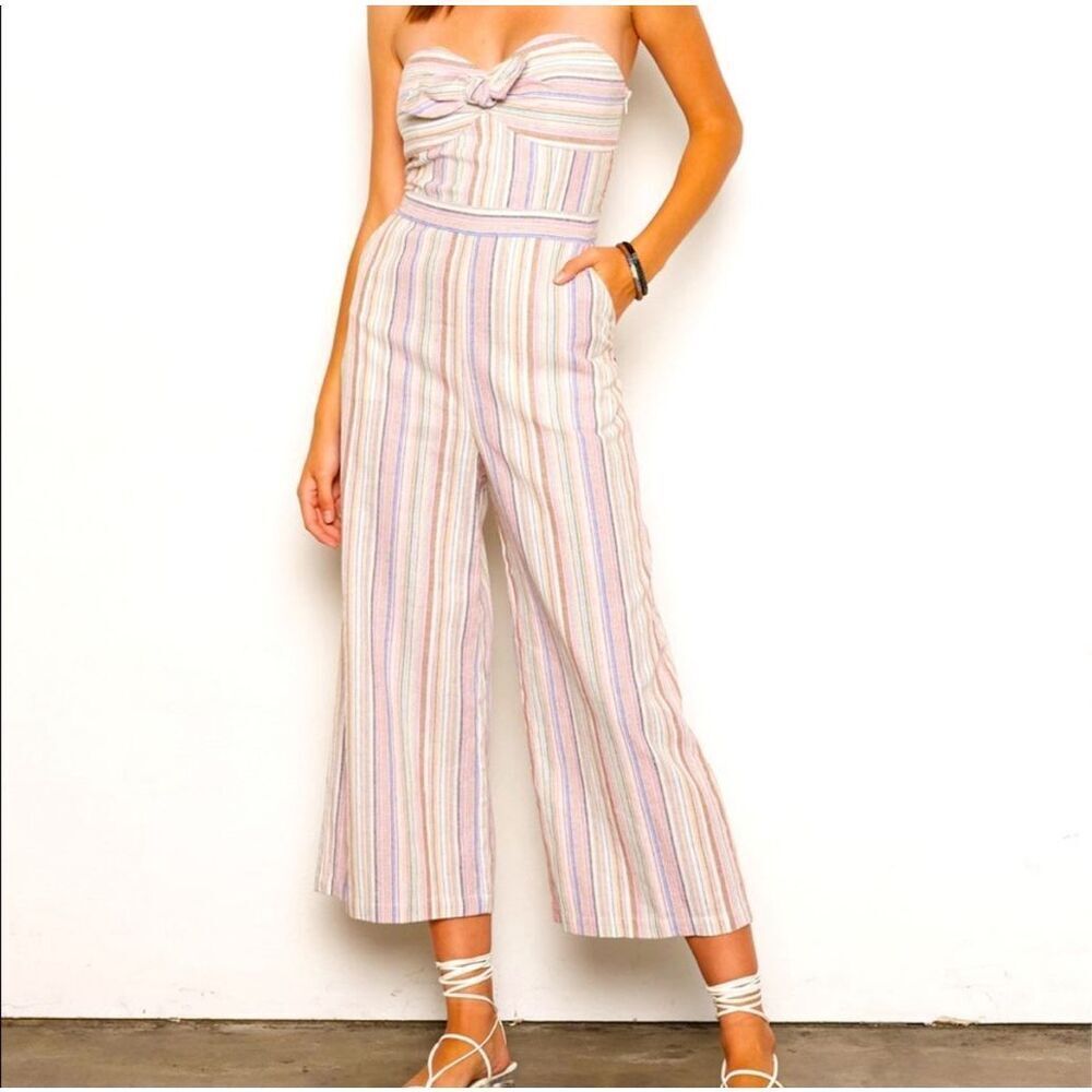 Tart Jumpsuit Womens M Striped Strapless Sweetheart Christy Linen Blend Wide-Leg
